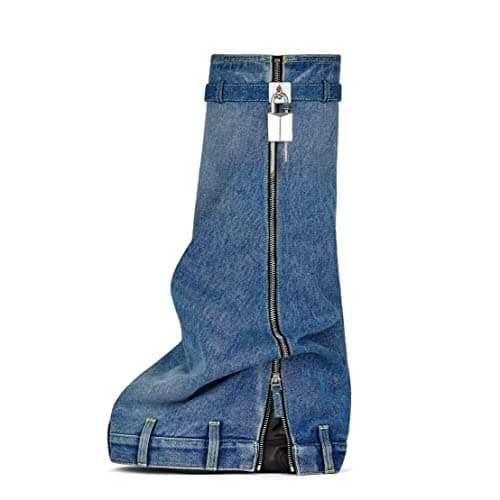 MissHeel Padlock Boots for Women Knee High Shark Boots Fold Over Blue Denim Boots Platform Wedge Boots Wide Calf Size US 6