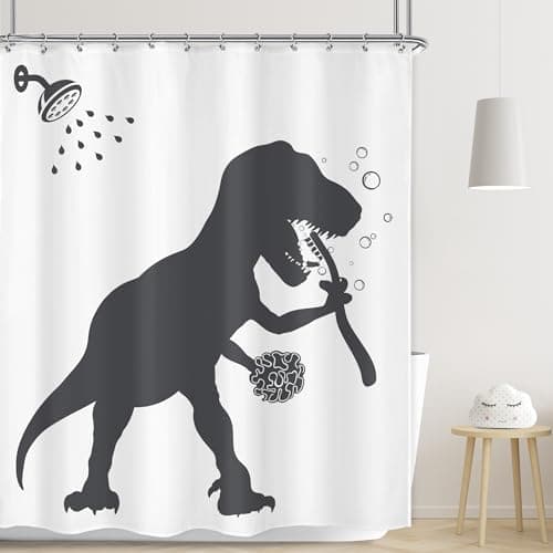 LGhtyro Funny Dinosaur Shower Curtain Set, Dino Shower Curtain for Kids Boys, 60Wx71H Inch Trex Raptor Silhouette, Fun Black White Cartoon Animal Shadow Bathroom Accessories Art Home Decor