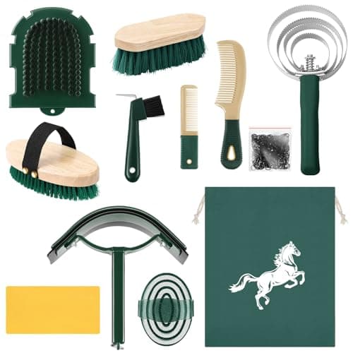Abbylike 12 Pieces Horse Grooming Kit Racing Festival Tack Room Supplies Horse Brush Sets Equine Care Cleaning Kit Shedding Grooming Massaging Tools (Khaki and Green)