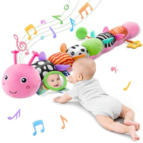 Baby Toys Sensory Musical Animal Stuffed Toy for Infant 0-3-6-12 Months Tummy Time Newborn, Plush Caterpillar with Mirror,Crinkle,Rattle Teething Toys for Baby Boys Girls Shower Gifts, Pink