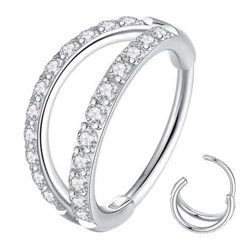 ORANGELOVE 20G 8mm Silver Double Open Stack CZ Nose Ring Hoop 316L Surgical Steel Helix Rook Conch Cartilage Daith Tragus Earrings Hinged Segment Nostril Piercing Septum Clicker 20 Gauge Lip Ring