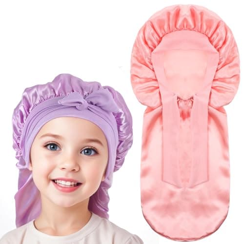 2 Pack Long Hair Bonnet for Sleeping, Silk Bonnet for Kids Satin Bonnets Double Layer Satin Sleep Elastic Satin Bonnet with Tie Band Bonnet Satin Bonnet for Toddler Teens Natural Curly Hair