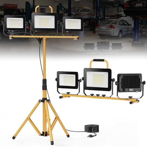 HYPERLITE LED Work Lights with Stand: 3 Head LED Work Light with Individual Switch - Waterproof Foldable LED Tripod Worklight for Garage Workshop Job Site Indoor Outdoor Portable Lighting