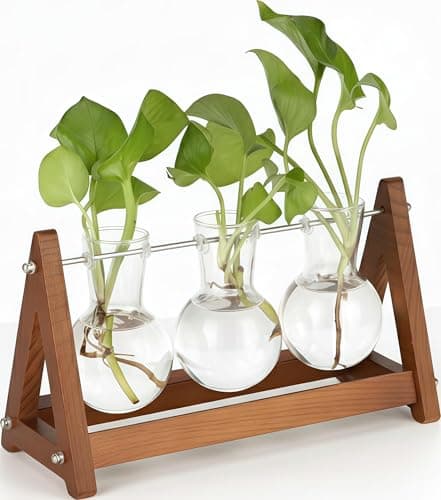 TomGear Plant Terrarium with Wooden Stand, 3 Bulb Glass Vase Metal Holder, Retro Hydroponics Planter for Home/Garden/Office Decor, for Women & Mom