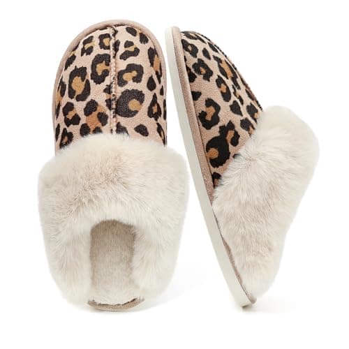 Jieertop Leopard Print Cozy Slippers for Women Men, Plush Fuzzy Indoor House Shoes, Soft Winter Bedroom Slides (Leopard Print Khaki)