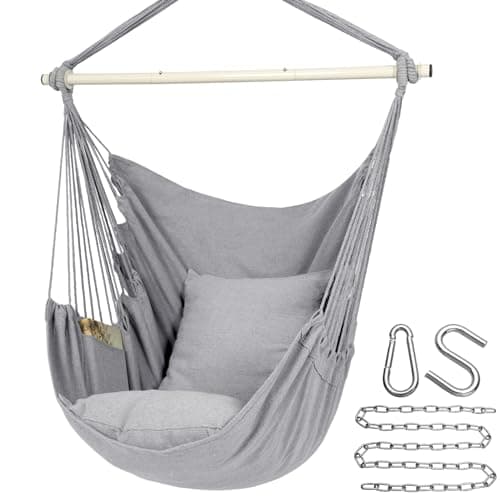 Y- Stop Hammock Chair Hanging Rope Swing Chair, Max 500 Lbs, 2 Seat Cushions Included, Removable Steel Spreader Bar with Anti-Slip Rings, Hardware kit-for Indoor or Outdoor(Light Grey)