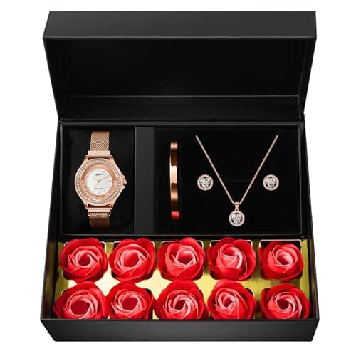 Gifts for Women Jewelry Sets, 4 Pieces Rose Gold Women's Watch Necklace Earring Bracelet Birthday Gifts for Women's Jewelry Sets for Women Gift for Wife Girlfriend Her Birthday Gift for Mom Mother