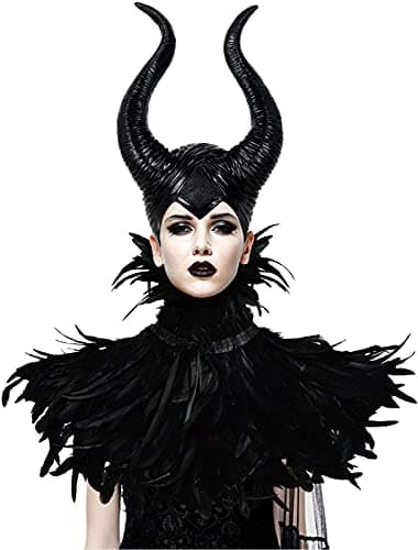HOMELEX Evil Queen Feather Horns Costume for Women Black Cape Halloween Headpiece Shawl Accessories