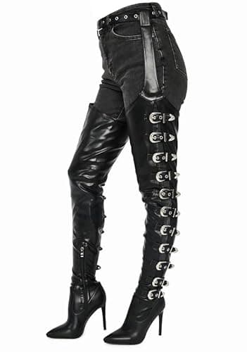 MissHeel Buckle Boots for Women Sexy Over the Knee Stiletto Boot Thick Thigh High Belted Long-Boots Black Leather Chap-Boot Size 8