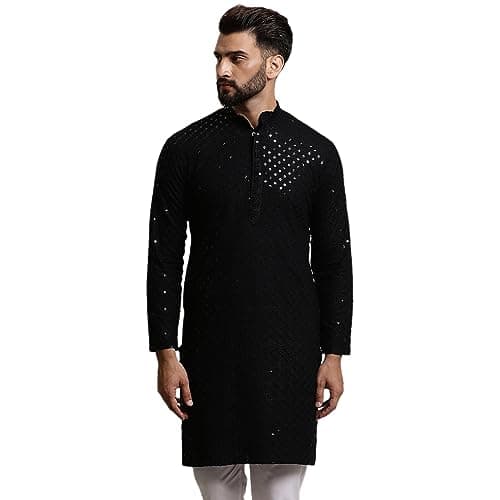 Sojanya (Since 1958, Men's Pure Cotton Black Sequence Long Kurta