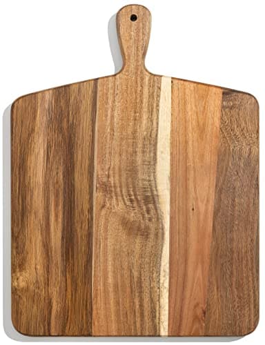 Acacia Wood Cutting Board and Chopping Board with Handle for Meat, Cheese Board, Vegetables, Bread, and Charcuterie - Decorative Wooden Serving Board for Kitchen and Dining Room, Large 17” x 13”