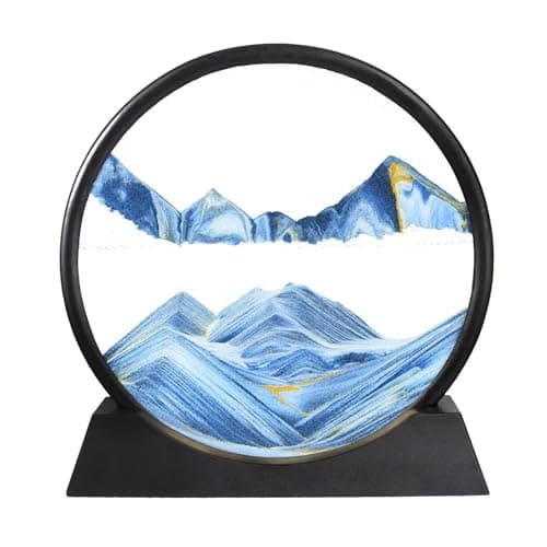 BGFJYUK Moving Sand Art Picture in Motion, Round Tempered Glass 3D Deep Sea Sandscapes with Display Flowing Sand Frame for Relaxing Desktop Home Office Work Décor for Kids Adults （Blue, 7inch