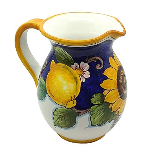 Italian Ceramic Pitcher Lemon Sanflower - 33 oz Hand Painted Utensil Holder Or Carafe Design for Kitchen - Made in ITALY Tuscany - Italian Pottery Vase Jar for Wine - Home Decor Ceramics