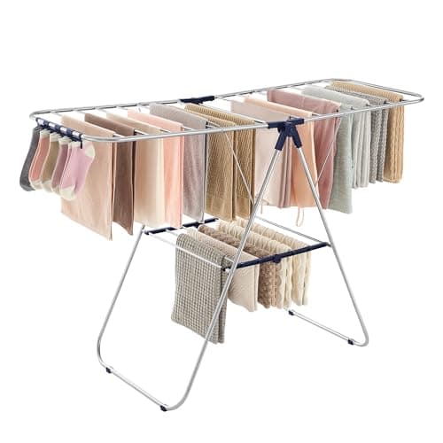 SONGMICS Clothes Drying Rack, with Sock Clips, Metal Laundry Rack, Foldable, Space-Saving, Free-Standing Airer, with 2 Height-Adjustable Gullwings, Indoor Outdoor Use, Silver and Blue ULLR52BU