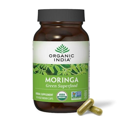 ORGANIC INDIA Moringa Capsules Organic - Moringa Supplement - Green Superfood, Moringa Leaf Capsules, Pure Supergreen, Vegan Greens, Nature's Multivitamin, Vegan, Gluten-Free - 90 Capsules