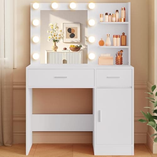 LIVELYGLOW Lighted Makeup Vanity Desk, 35.4“W x 15.7'”D x 54“H, White (with Lights and Mirror, Dimming Function, 2 Drawers and 1 Cabiniet, Open Shelves) by Boahaus