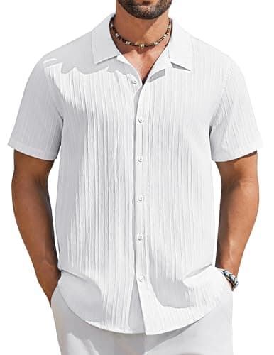 COOFANDY Mens Short Sleeve Button Up Shirts Casual Hawaiian Summer Beach Vacation Linen Shirt White