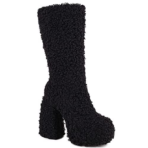 MissHeel Women's Y2K Fuzzy Winter Boots Size 8 Black Faux Fur Trimmed Pointed Toe Calf High Heel Platform Boots