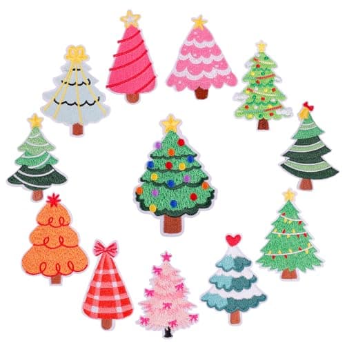 Christmas Tree Iron On Patches Cute Winter Embroidery Patch for Hat/Clothes, 12 Pcs Holiday Xmas Theme Heat Press Bulk Patch for Backpacks/Socks, Gift for Christmas DIY Decoration