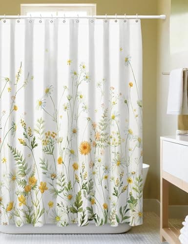 SUMGAR Floral Shower Curtains for Bathroom Yellow Green Blooming Flowers Shower Curtain Polyester Fabric Waterproof Washable Shower Curtain Sets for Bath Decor with 12 Hooks, 72 x 72 Inch