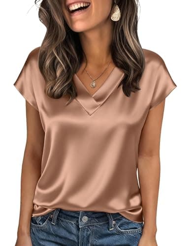 Zeagoo Women's Dressy Casual Tops Business Work Blouses Satin Silk Shirts Cap Sleeve V Neck Tshirt Light Coffee