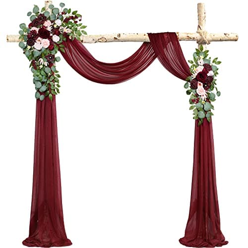 ponatia Burgundy Wedding Artificial Arch Flowers Kit (Pack of 3) with 26Ft Shiny Burgundy Arch Draping Fabric, Arch Flowers for Wedding Ceremony and Reception Backdrop Decoration (Burgundy & Blush)