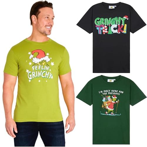 The Grinch Gifts Christmas T Shirts for Men, Teens, 3 Pack Crew Neck Tees, Tshirt Lounge Wear Dr Seuss for Men (M, Multi 3 Pack)
