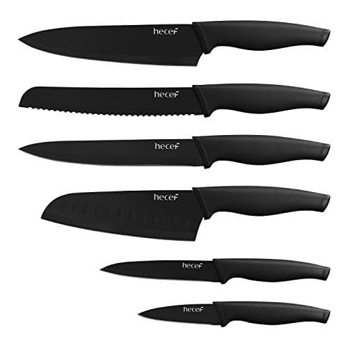 hecef Black Oxide Knife Set of 6 with Matching Protective Sheath, Kitchen Knives Scratch Resistant and Rust Proof, Hard Stainless Steel, Non Stick Black Color Coating Blade