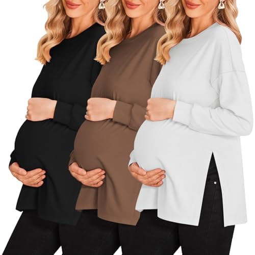 Ekouaer Womens Maternity Tops Pregnancy Shirts Long Sleeve O-Neck Side Ruched Mama Tee Shirt Black/Brown/White L