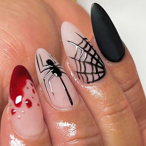 KKUUOO Halloween Press on Nails,Medium Almond Fake Nails Spider & Spider Web Acrylic Nails with Blood Drop Design Full Cover Glossy False Nails Stick on Nails Jelly Press on Nails for Women Girl 24Pcs