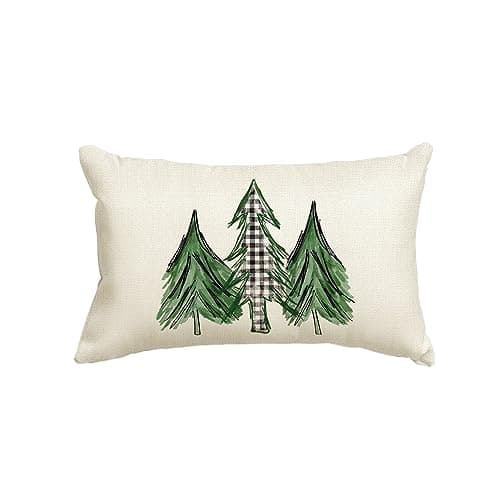 AVOIN Watercolor Christmas Tree Throw Pillow Cover, 12 x 20 Inch Holiday Buffalo Plaid Cushion Case Decoration for Sofa Couch