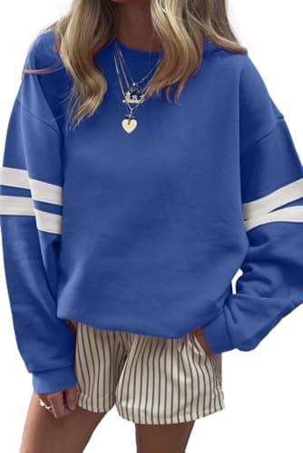 KevaMolly Womens Varsity Striped Oversized Sweatshirt Drop Shoulder Long Sleeve Casual Fashion Pullover Top Sky Blue S