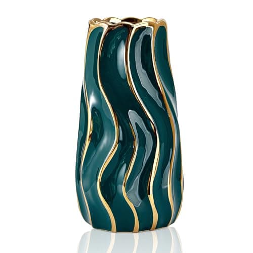 OTARTU Ceramic Vase, Green Vase for Home Decor,Decorative Flower Vase, Vertical Stripe Ceramic Vases for Home Décor, Bedroom, Office, Living Room, Bathroom, Tabletop Decor, Centerpiece (Green)