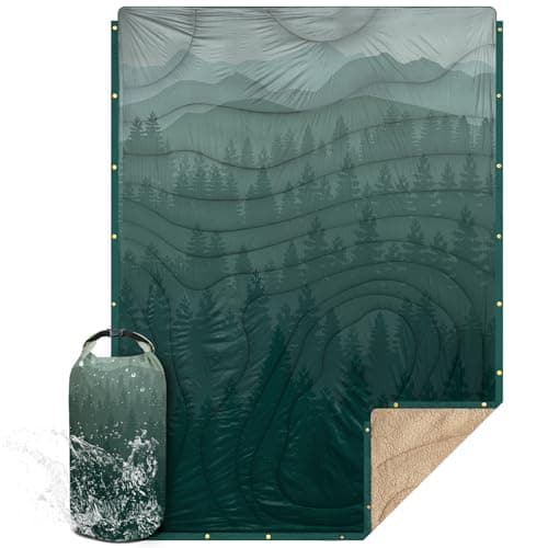 KawaGebo Kamp Outdoor Camping Blanket with Sherpa Lining, Extra Warm Thick Camp Blankets and Puffy Ultralight Soft Poncho DWR Camping Quilt for Cold Weather, Adventure, Sleeping, Backpacking 78"x 56"