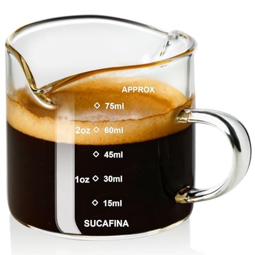 PARACITY Espresso Cup with Handle, Double Spout Glass Measuring Cup with Dual Scale, Espresso Shot Glass with V-Shaped Mouth, Clear Glass Milk Frothing Pitcher, Espresso Accessories, Milk Cup 2.5 OZ