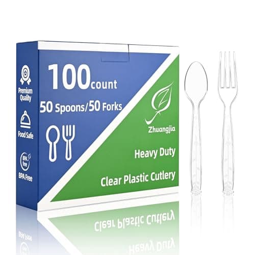 100 Count Plastic Silverware Heavy Duty 50Forks50Spoons | Shatterproof BPA-Free Disposable Cutlery Heat Resistant Disposable Plastic Utensils for Catering & Events, Party Supplies