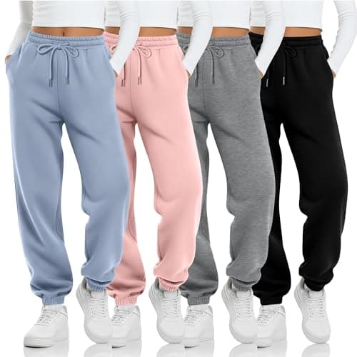 LessonZoo 4 Pack Girls' Jogger Sweatpants Girls Drawstring Sweat Pants Teens Activewear Kids Joggers with Pockets (Ages 5-16)(Light Blue, Light Pink, Light Gray, Black,Large)