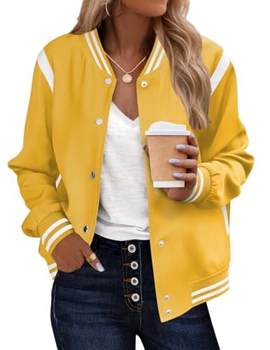 Zeagoo Women's Varsity Jacket Lightweight Bomber Jackets Button Casual Moto Fashion Baseball Concert Outfits Outwear Yellow