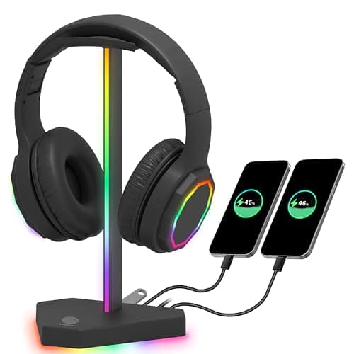 RGB Headphones Stand with 1 USB-C Data Transmission& 3 Type-C Charging Port, Desk Gaming Headset Holder with 7 Light Modes and Non-Slip Rubber Base (Black)