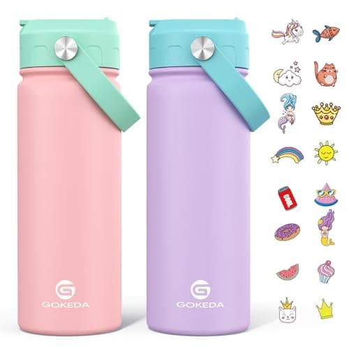 GoKEDA 18oz Kids Water Bottle, 2 Pack Insulated Bottles with Stickers, 18/8 Stainless Steel Vacuum Leak Proof Straw Cup for School, Gifts for Girls(Pink, Purple)