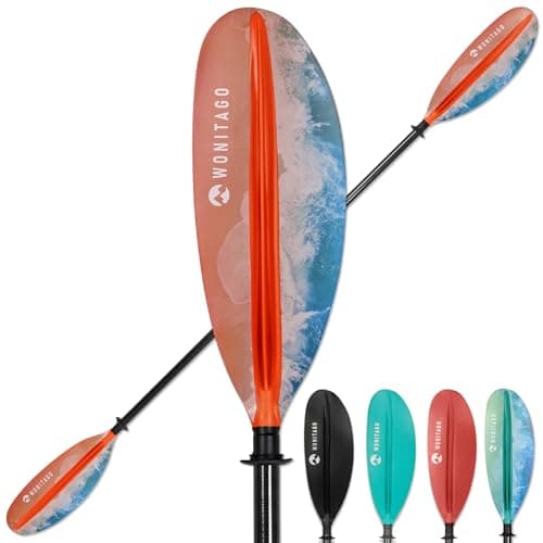 WONITAGO Kayak Paddle Premium Carbon Fiber Paddle with Reinforced PP + Fiberglass Blade, Floating Adjustable Kayaking Oars, 3 Piece, 220-240 cm/86-94 Inches Ocean Orange