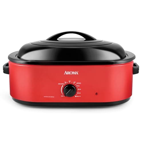 AROMA 18Qt. Roaster Oven with Self-Basting Lid, Fits 22-lb. Turkey, Adjustable Temperature Settings, Keep Warm Setting, Red (ART-718R)