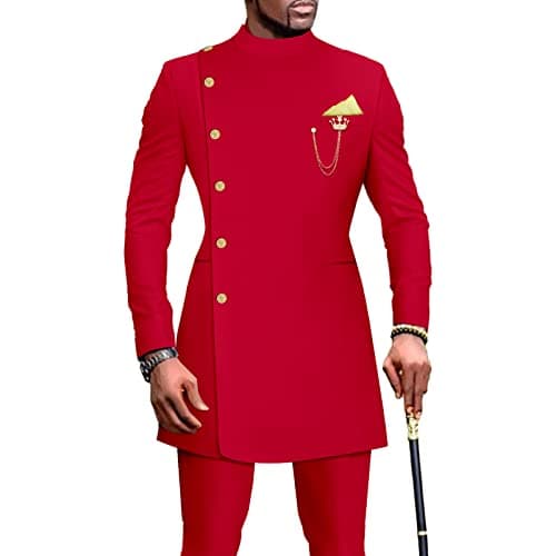 African Suits for Men Single Breasted Blazer and Pants 2 Piece Set Dashiki Outfits Ankara Attire for Wedding Red Medium