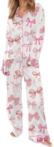 Yiulangde Cute Silky Pink Bow Pajamas Set for Women Y2k 2 Piece Satin Preppy Pjs Pants Button down Coquette Pajama Shirts Set