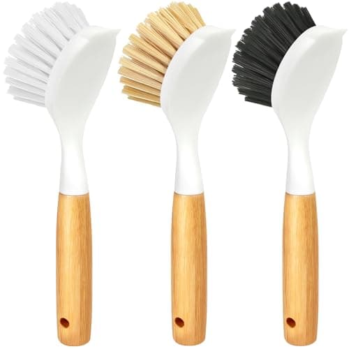 Holikme 3 Pack Dish Brush Set with Bamboo Handle, Kitchen Cleaner for Cleaning Pot, Sink and Stove, Skillet Scrubber with Tough Bristles for Cast Iron Grill Pan, Yellow White Black