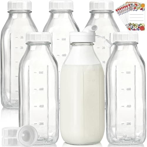 Liter Glass Milk Bottles w 100% Airtight Heavy Duty Screw Lid - 6 Pack 32 Oz Drinking Jars - Food Grade Glass Bottles for Milk, Honey, Jam - Dishwasher Safe(Extra 2 Lids and Stickers Included)