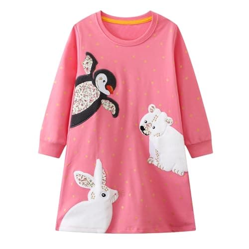 YAGATA Toddler Girl Dress Little Girls Long Sleeve Fall Dresses Casual Cotton Graphic Midi Holiday Sundress for Kids Pink Animal 4T