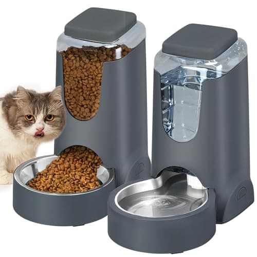 Automatic Cat Feeder and Water Dispenser with Stainless Steel Bowl Dog Gravity Food Feeder and Waterer for Small Medium Pets Puppy Kitten 1 Gallon x 2