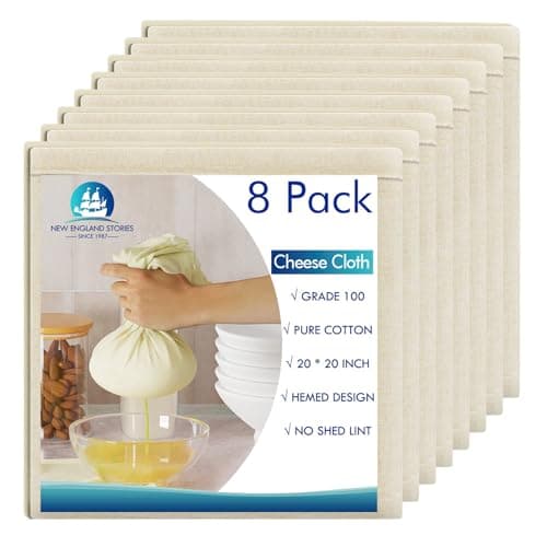 8 PCS Reusable Cheesecloth, Grade 100, 20x20 Inch Hemmed Cheese Cloth for Straining Craft, 100% Cotton Unbleached Cloth Strainer for Cooking, Baking, Juicing, Cheese Making (40×50 Threads)