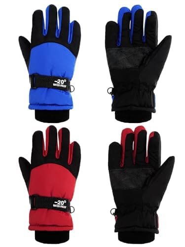 SATINIOR 2 Pairs Kids Waterproof Winter Snow Gloves Ski Gloves for Boy Girl Outdoor Warm Thickening Snowboard(Red, Blue,8-12 Years)